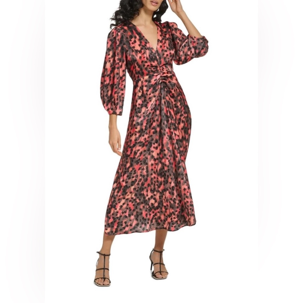 DKNY Ruched Midi Orange and Black Wedding Guest Dress. Worn Once!